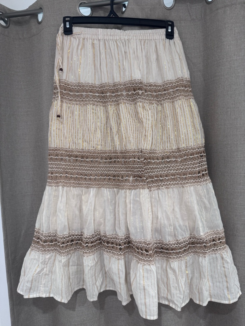 Women's Cream Tiered Boho Skirt with Taupe Trim